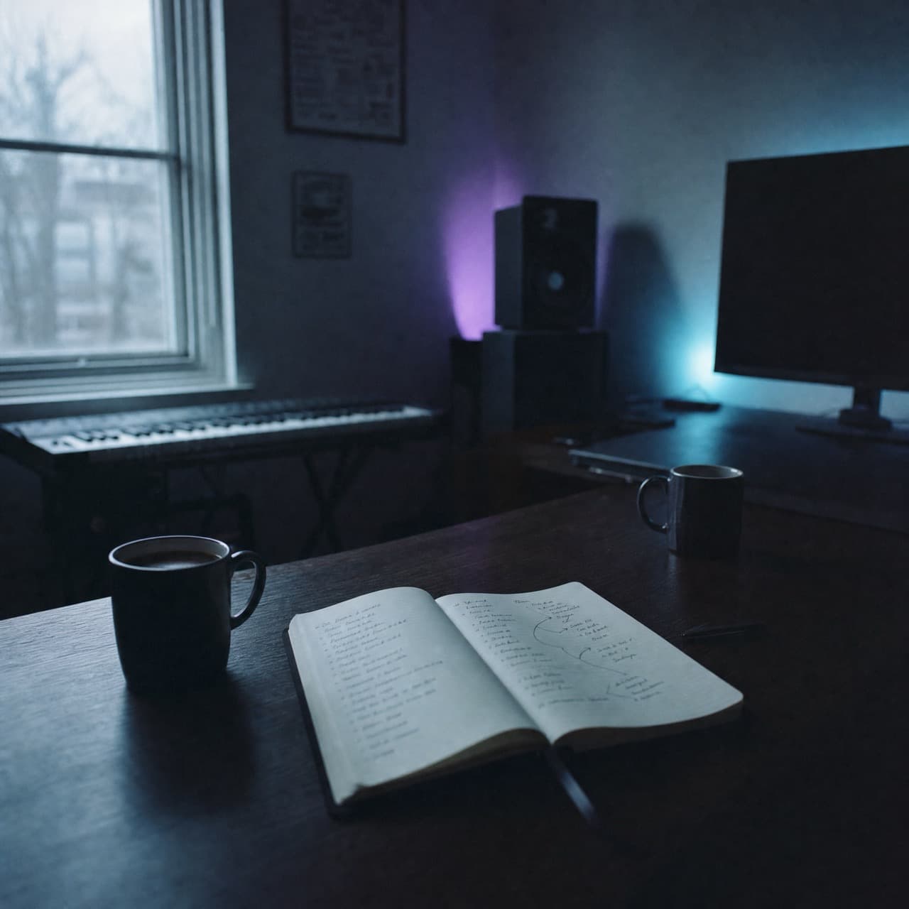 Birou în lumină rece de dimineață, cu două cești de cafea și un caiet deschis, plin de o listă scrisă de mână și săgeți