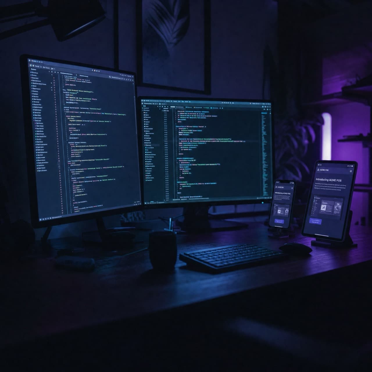 Două monitoare cu cod, iar alături un telefon și o tabletă pe suport, afișând aceeași pagină la dimensiuni diferite