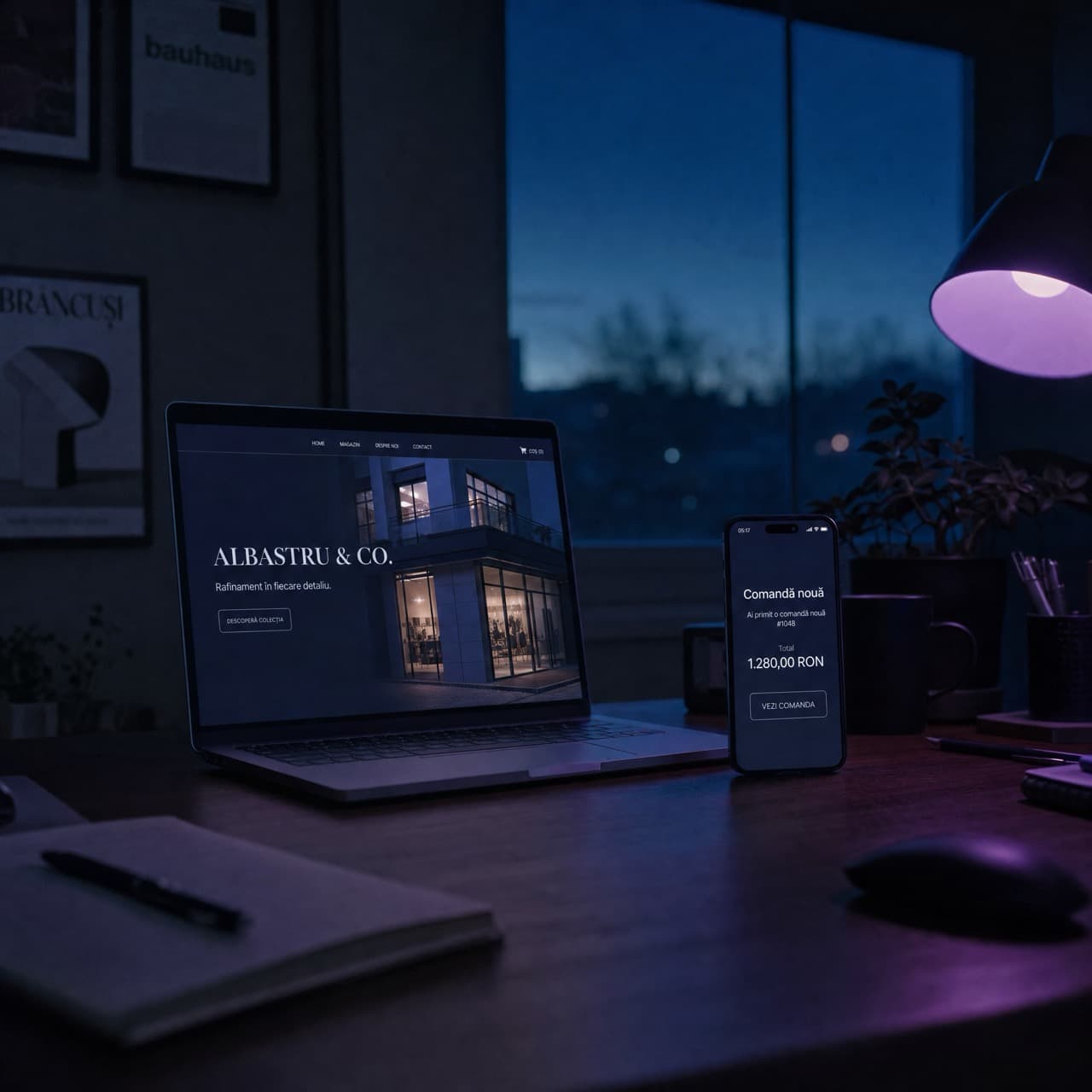 Un laptop cu magazinul online finalizat, lângă un telefon care anunță prima comandă, în lumina zorilor