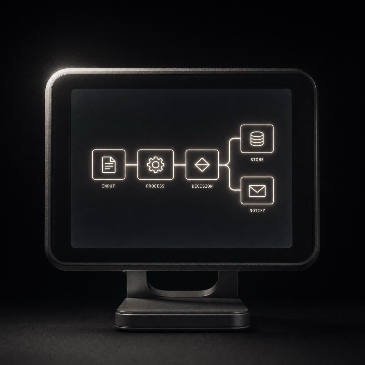 Un ecran cu o diagramă de flux luminoasă: intrare, procesare, decizie, apoi două ramuri — stocare și notificare